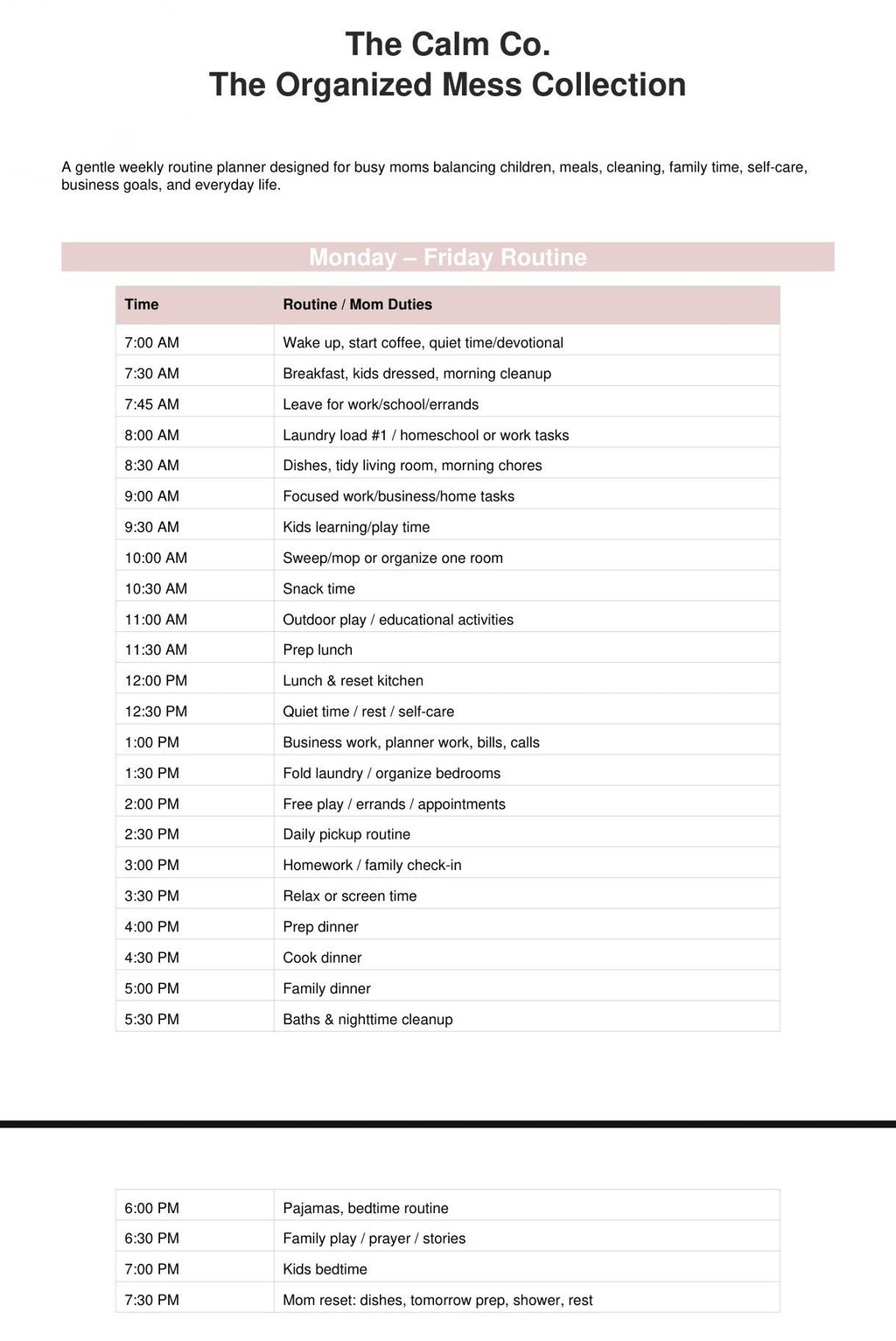 Weekly schedule for busy Mom's