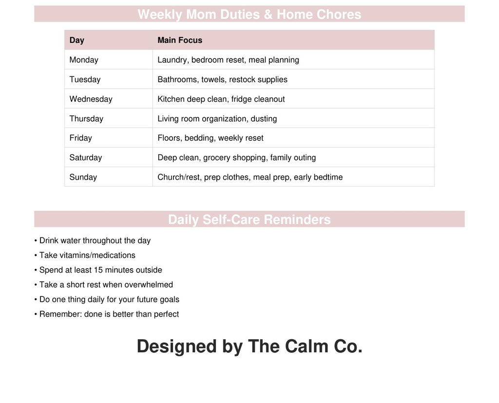 Weekly schedule for busy Mom's